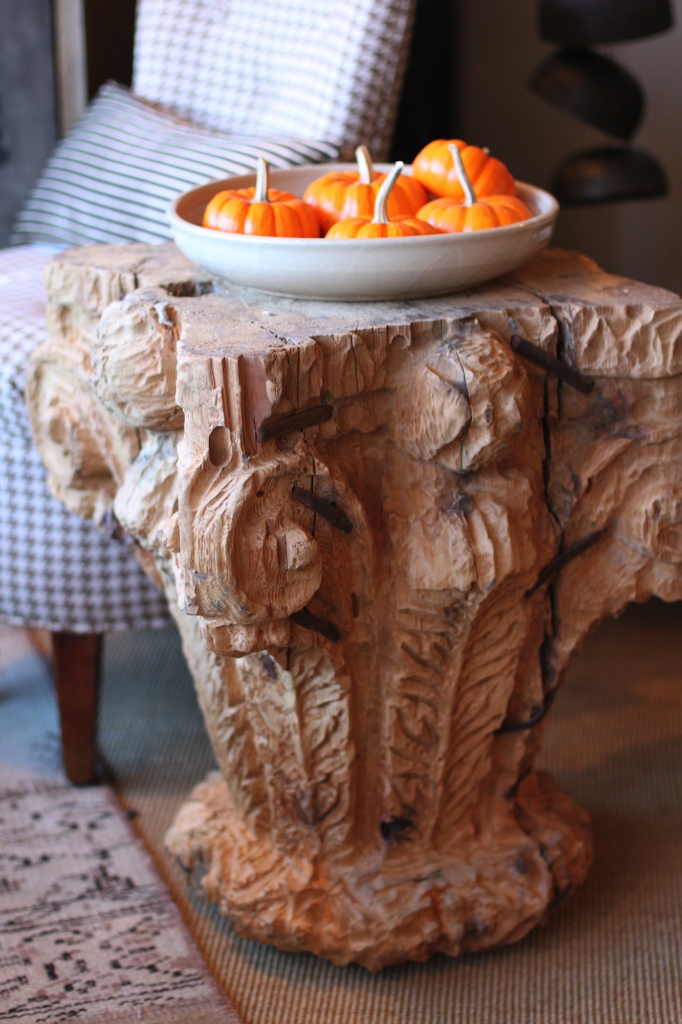 side table, architectural fragment, carved wood, capital, antique