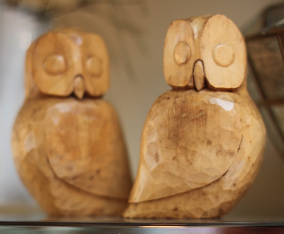 wood carving, owl, pair, vintage modern